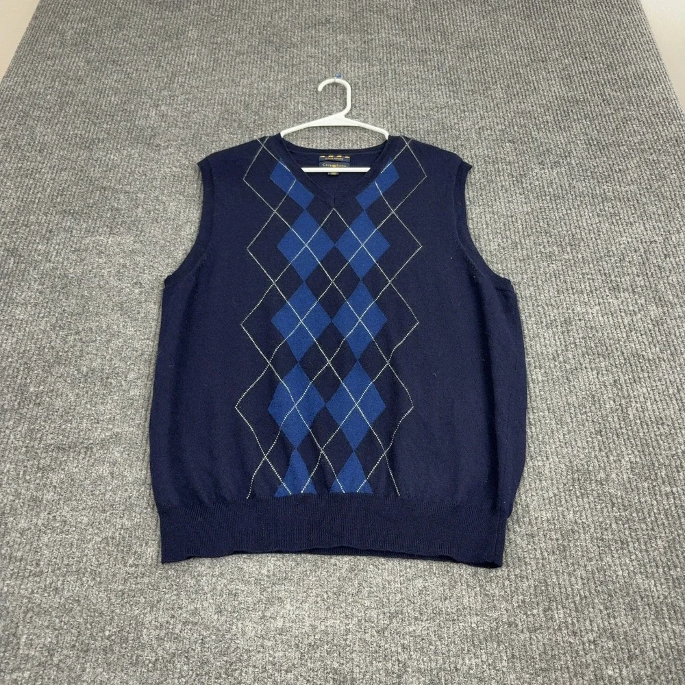 Club Room Sweater Vest Mens M Navy Blue Merino Wool Argyle V Neck Preppy Classic